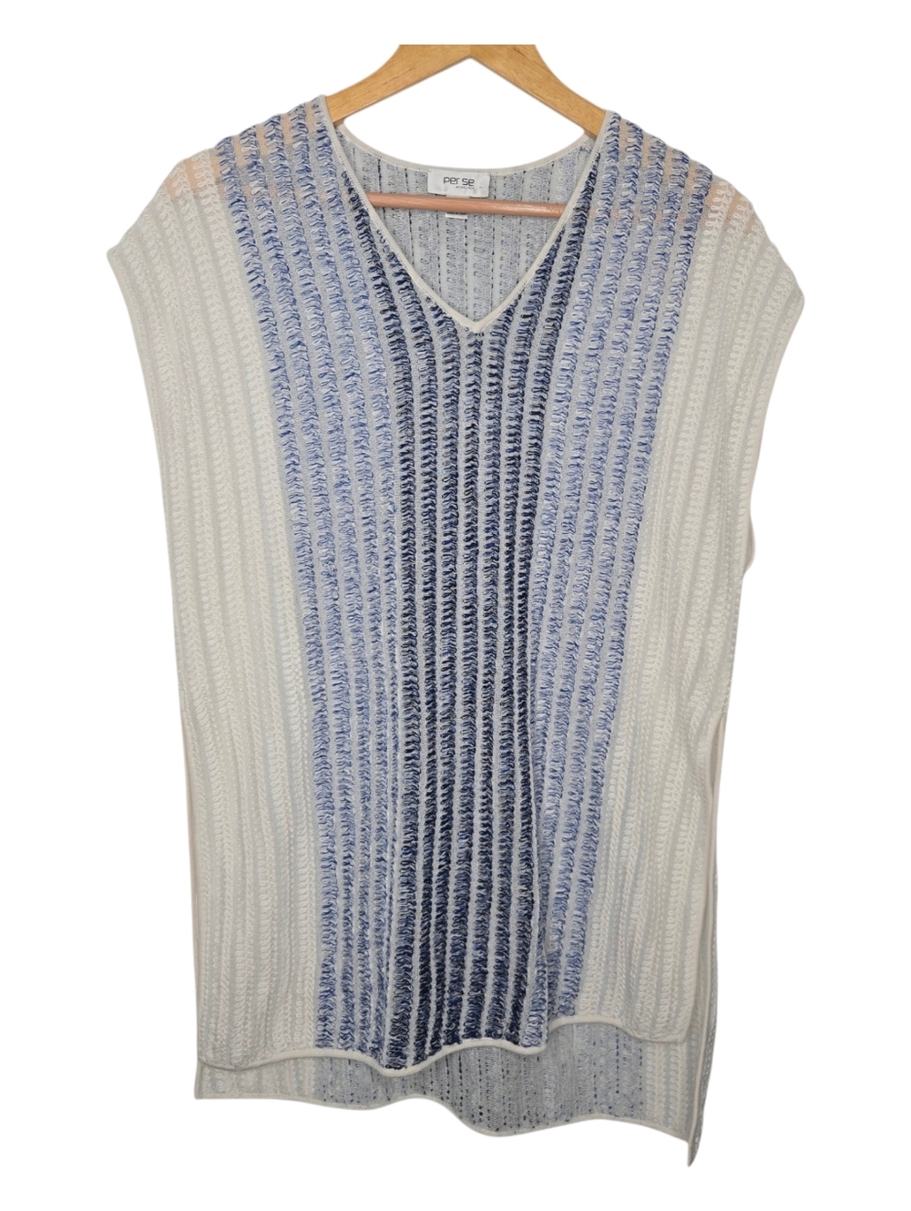 Per Se Womens White Blue Textured Crochet Coastal Cap Sleeve Tunic Top Small